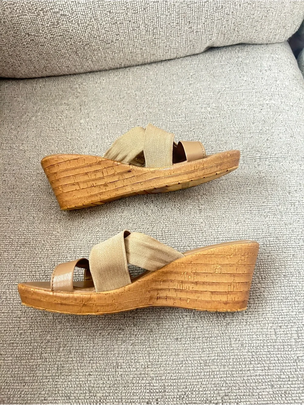 Italian Shoemakers Tan Wedge Slide Sandals with Cork Heels - Made in Italy - 7.5